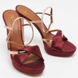 Pre Owned Malone Souliers Burgundy/Gold Satin Miranda Ankle Strap Sandals Size 41