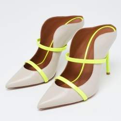 Pre Owned Malone Souliers Grey/Neon Green Leather and Patent Maureen Mules Size 39