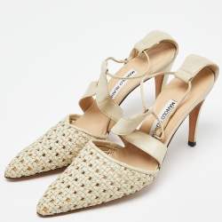 Pre Owned Manolo Blahnik Beige Woven Leather Ankle Strap Sandals Size 41