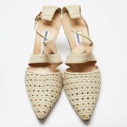 Pre Owned Manolo Blahnik Beige Woven Leather Ankle Strap Sandals Size 41