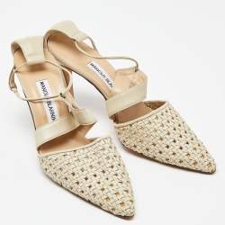 Pre Owned Manolo Blahnik Beige Woven Leather Ankle Strap Sandals Size 41