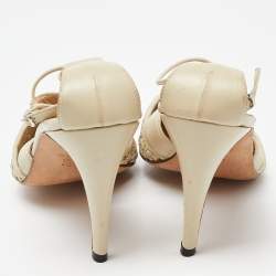 Pre Owned Manolo Blahnik Beige Woven Leather Ankle Strap Sandals Size 41