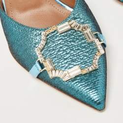 Pre Owned Malone Souliers Metallic Blue Raffia Missy Mule Sandals Size 37