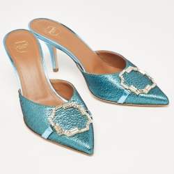 Pre Owned Malone Souliers Metallic Blue Raffia Missy Mule Sandals Size 37