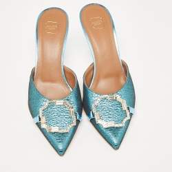 Pre Owned Malone Souliers Metallic Blue Raffia Missy Mule Sandals Size 37