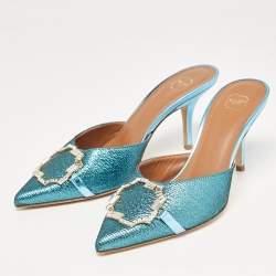 Pre Owned Malone Souliers Metallic Blue Raffia Missy Mule Sandals Size 37