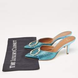 Pre Owned Malone Souliers Metallic Blue Raffia Missy Mule Sandals Size 37