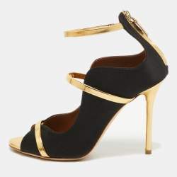Pre Owned Malone Souliers Black/Gold Satin and Leather Mika Sandals Size 38