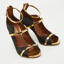 Pre Owned Malone Souliers Black/Gold Satin and Leather Mika Sandals Size 38