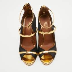 Pre Owned Malone Souliers Black/Gold Satin and Leather Mika Sandals Size 38
