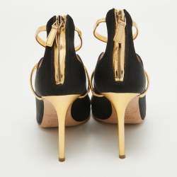 Pre Owned Malone Souliers Black/Gold Satin and Leather Mika Sandals Size 38