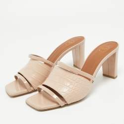 Pre Owned Malone Souliers Beige Croc Embossed Leather Slides Size 39