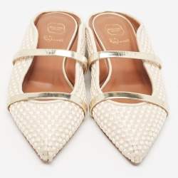 Pre Owned Malone Souliers Cream/Gold Woven Satin and Leather Maureen Flat Mules Size 36.5