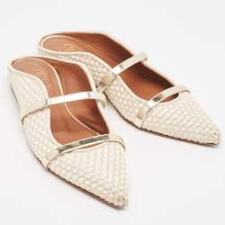 Pre Owned Malone Souliers Cream/Gold Woven Satin and Leather Maureen Flat Mules Size 36.5