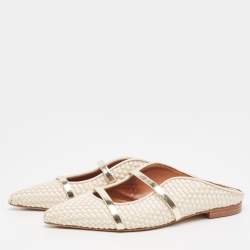 Pre Owned Malone Souliers Cream/Gold Woven Satin and Leather Maureen Flat Mules Size 36.5
