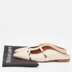 Pre Owned Malone Souliers Cream/Gold Woven Satin and Leather Maureen Flat Mules Size 36.5