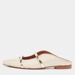 Pre Owned Malone Souliers Cream/Gold Woven Satin and Leather Maureen Flat Mules Size 36.5