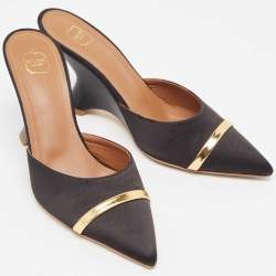 Pre Owned Malone Souliers Black/Gold Satin and Leather Marilyn Wedge Mules Size 38