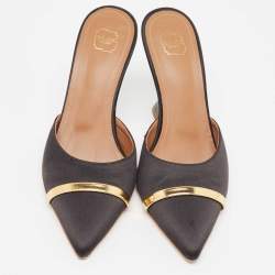 Pre Owned Malone Souliers Black/Gold Satin and Leather Marilyn Wedge Mules Size 38
