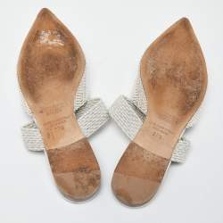 Pre Owned Malone Souliers Silver Woven Canvas Maisie Flat Mules Size 37.5