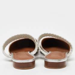 Pre Owned Malone Souliers Silver Woven Canvas Maisie Flat Mules Size 37.5