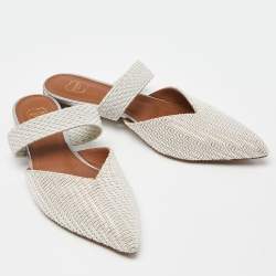 Pre Owned Malone Souliers Silver Woven Canvas Maisie Flat Mules Size 37.5