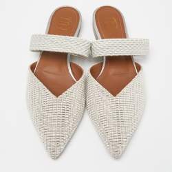 Pre Owned Malone Souliers Silver Woven Canvas Maisie Flat Mules Size 37.5