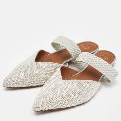 Pre Owned Malone Souliers Silver Woven Canvas Maisie Flat Mules Size 37.5