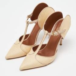 Pre Owned Malone Souliers Cream/Beige Woven Raffia and Leather Imogen Mule Sandals Size 39.5