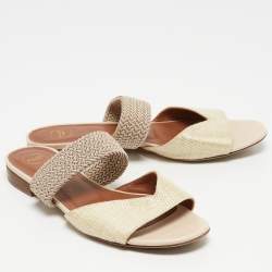 Malone Souliers Cream Woven Raffia Rodena Flat Slides Size 37