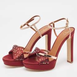 Malone Souliers Burgundy/Gold Satin and Leather Embellished Platform Sandals Size 37.5