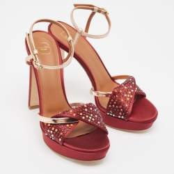 Malone Souliers Burgundy/Gold Satin and Leather Embellished Platform Sandals Size 37.5