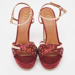 Malone Souliers Burgundy/Gold Satin and Leather Embellished Platform Sandals Size 37.5