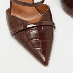 Pre Owned Malone Souliers Brown Croc Embossed and Patent Leather Frankie Mules Size 38