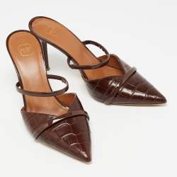 Pre Owned Malone Souliers Brown Croc Embossed and Patent Leather Frankie Mules Size 38