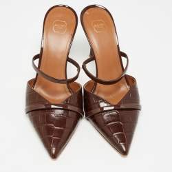 Pre Owned Malone Souliers Brown Croc Embossed and Patent Leather Frankie Mules Size 38