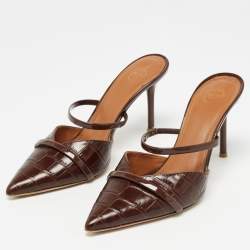 Pre Owned Malone Souliers Brown Croc Embossed and Patent Leather Frankie Mules Size 38
