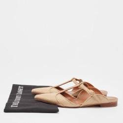 Pre Owned Malone Souliers Beige/Leather Raffia and Leather Marion Buckle Detail Flat Sandals Size 36