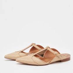 Pre Owned Malone Souliers Beige/Leather Raffia and Leather Marion Buckle Detail Flat Sandals Size 36