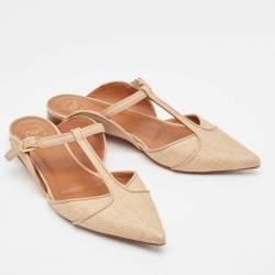 Pre Owned Malone Souliers Beige/Leather Raffia and Leather Marion Buckle Detail Flat Sandals Size 36