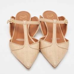 Pre Owned Malone Souliers Beige/Leather Raffia and Leather Marion Buckle Detail Flat Sandals Size 36