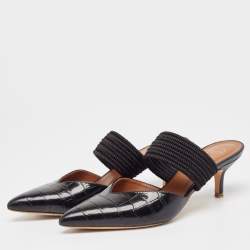 Pre Owned Malone Souliers Black Croc Embossed Leather Maisie Mules Size 36.5