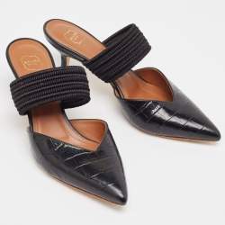 Pre Owned Malone Souliers Black Croc Embossed Leather Maisie Mules Size 36.5