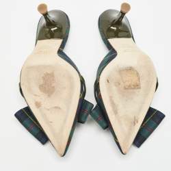 Pre Owned Malone Souliers Green Check Canvas Pointed Toe Mules Size 38.5