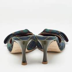 Pre Owned Malone Souliers Green Check Canvas Pointed Toe Mules Size 38.5