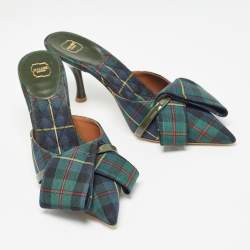 Pre Owned Malone Souliers Green Check Canvas Pointed Toe Mules Size 38.5
