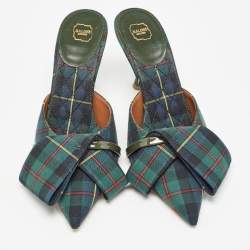 Pre Owned Malone Souliers Green Check Canvas Pointed Toe Mules Size 38.5