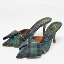 Pre Owned Malone Souliers Green Check Canvas Pointed Toe Mules Size 38.5
