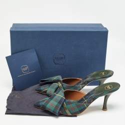 Pre Owned Malone Souliers Green Check Canvas Pointed Toe Mules Size 38.5