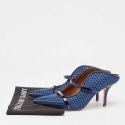 Pre Owned Malone Souliers Navy Blue Woven Satin and Leather Maureen Mules Size 38.5